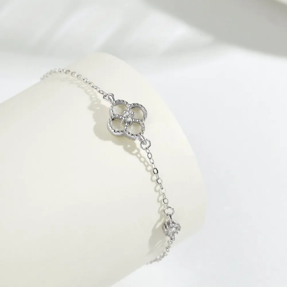 Fine Jewelry 925 Sterling Silver Four Leaf Clover Adjustable Bracelets Flower 925 Silver Best Friend Bracelets for Girls Women