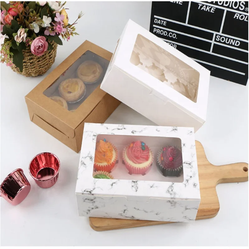 Top Quality Mini Cake Box with Window 2 4 6 Egg Tart Packaging Box Kraft Paper Muffin Cupcake Box with Inner Tray