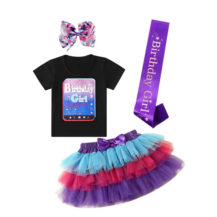 New trendy baby girls clothing sets short sleeve t-shirt+tutu+headband+ribbon boutique 4pcs toddler summer sets