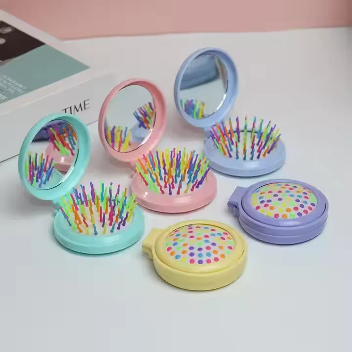 Hot Sale Portable Folding Mirror Comb Pocket Travel Hair Brush   Nylon Plastic Macaron Cartoon Color Children's Mirror Comb factory
