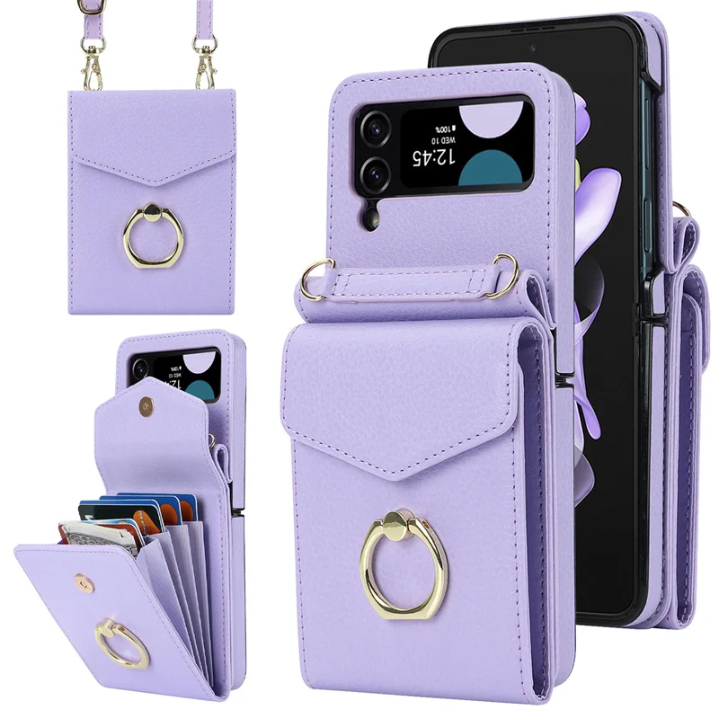 For Samsung Z Flip 5 Leather Phone Case With Strap Card Wallet Case For Samsung Galaxy Z Flip 4 3 Mobile Cover With Finger Ring