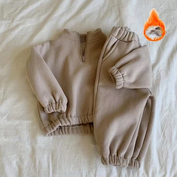 Two pieces Winter solid warm unisex baby fleece lined clothes set pullover 1/4 zipper kids sweatshirt set