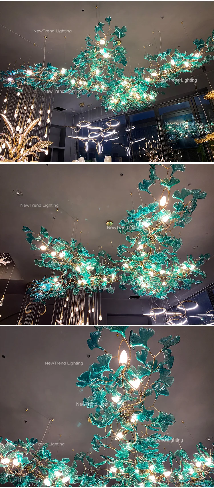 CPL-42G Custom Hotel Lobby Villa Decoration Ginkgo Leaf Large Project Modern LED Glass Chandelier Pendant Light supplier