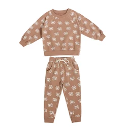 Custom printing autumn baby outfits organic cotton kids sets elastic waistband with drawstring unisex sweatsuit