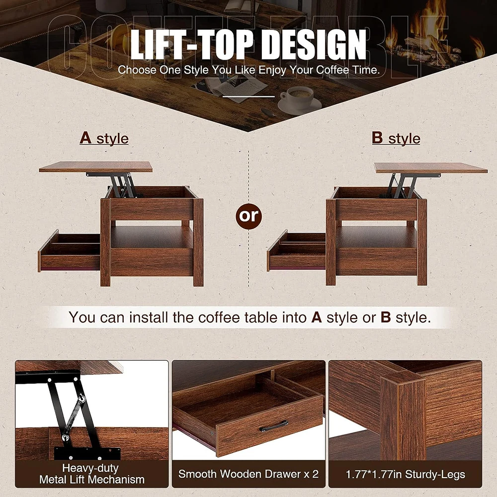 Modern Espresso Wooden Lift Top Coffee Table with Drawers and Hidden Compartment Retro Center Table with Wooden Lift Tabletop manufacture