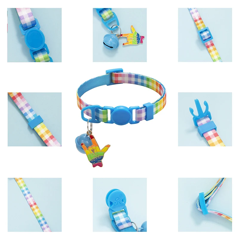 Hot Selling Eco-Friendly Comfortable Nylon Rainbow Plaid Dogs Adjustable Small Bell Collar for Small Animals All Seasons Hand