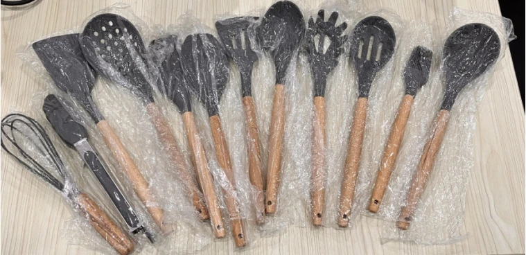 Multifunctional Silicone Kitchen Utensil Set with Wooden Handle Eco-Friendly Egg Beater Spatula Food Clip for Home Kitchen Use factory