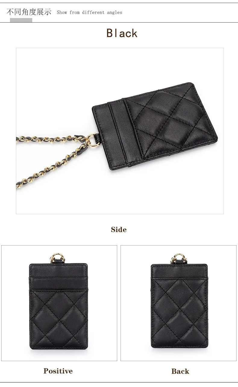 Sheepskin Female Access Card Holder Luxury Genuine Leather Chain Neck Women  Card Sleeve Bag Quilted Lady Crossbody Badge Holder