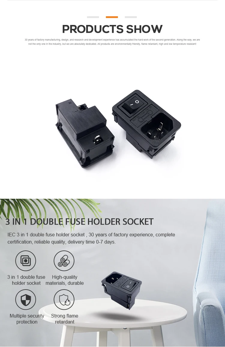 250V AC 3Pin IEC inlet connector plug power socket with black rocker switch 10A fuse holder socket male connector