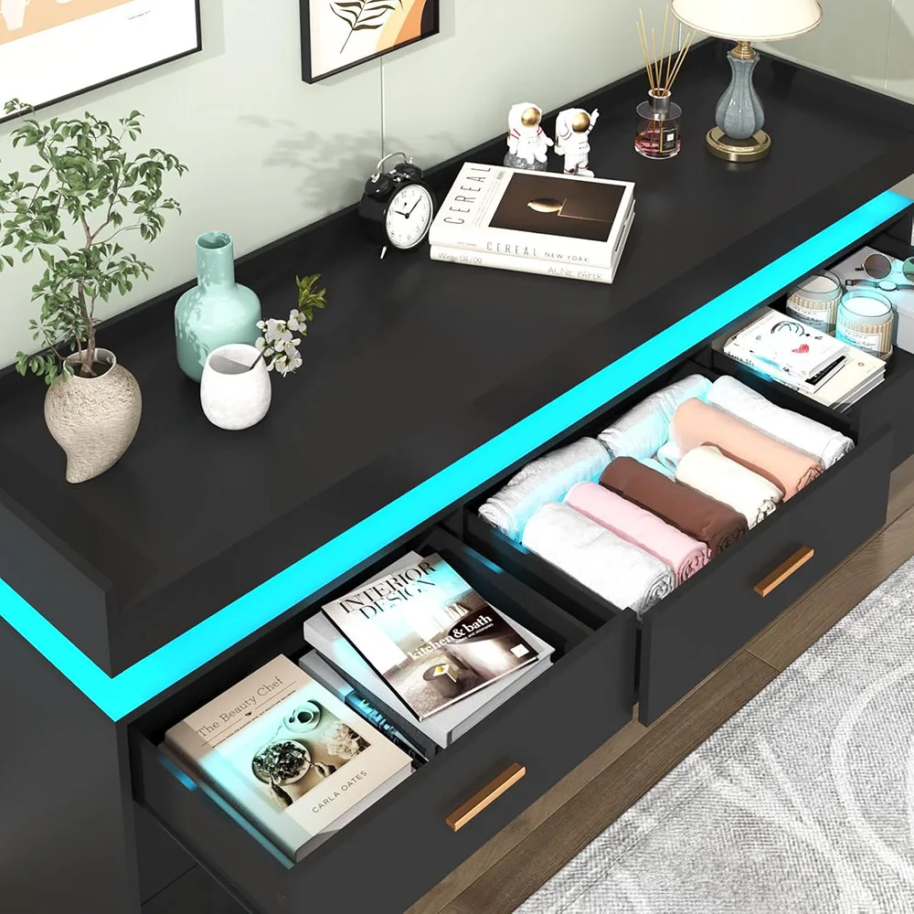 product 9 drawer modern wood dresser with led light charging station black bedroom living room storage cabinet-2