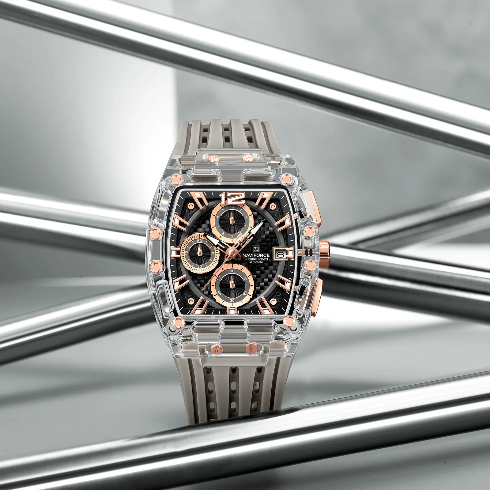 NAVIFORCE 7105新设计透明酒托手表男士石英表防水奢华运动户外蒙特霍姆