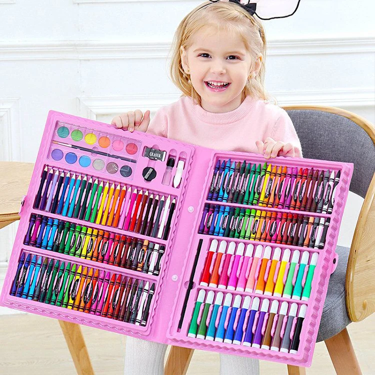 High Quality Non-Toxic Kids Plastic Case Watercolor Pen Colour Pencil 208 Pieces Art Drawing Painting Set With Easel Kit