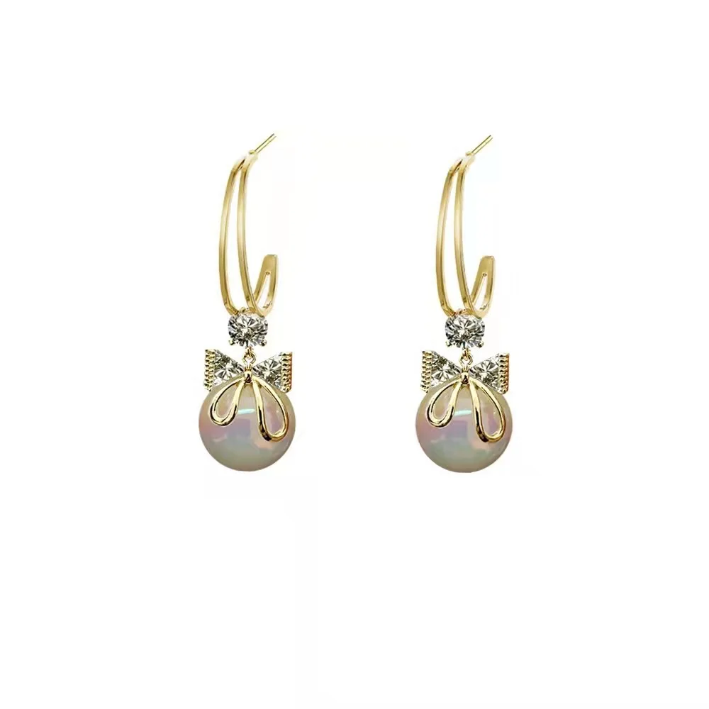 New Sweet Imitation Pearl Drop S925 Silver Post C-shaped Diamond Rhinestone Earring Lady Korean Design Fashionable Bow Earrings