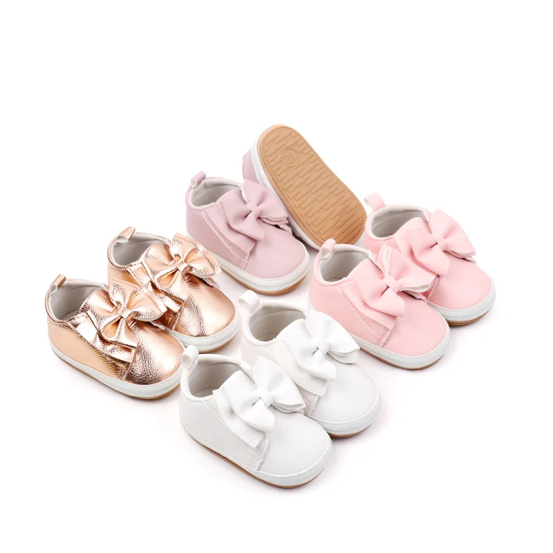 2024 Baby Girl Toddler Soft PU Material Shoes with Large Bow Hook Loop Design Flat and Non-Slip Rubber Bottom Solid Color manufacture