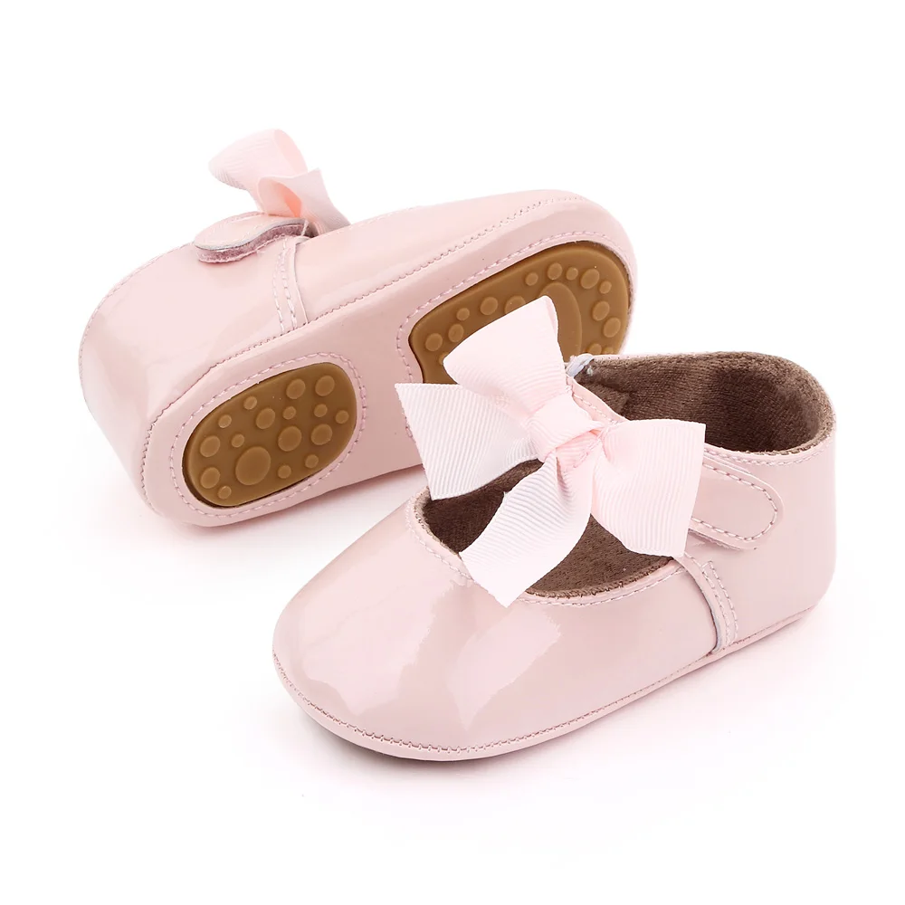 Solid Color PU Leather Top Big Bow Baby Girls Princess Soft Soled Non-slip Toddler Shoes supplier