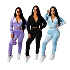 Ladies Velvet Ladies Velvet Sportswear Long-sleeved Crop Top Hoodie Suit Velvet Women Casual 2-piece Set