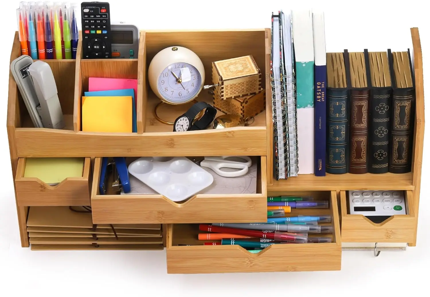 product bamboo desk organizers with adjustable file holder mini desk drawer tabletop organization box with 4 drawers for home office-3