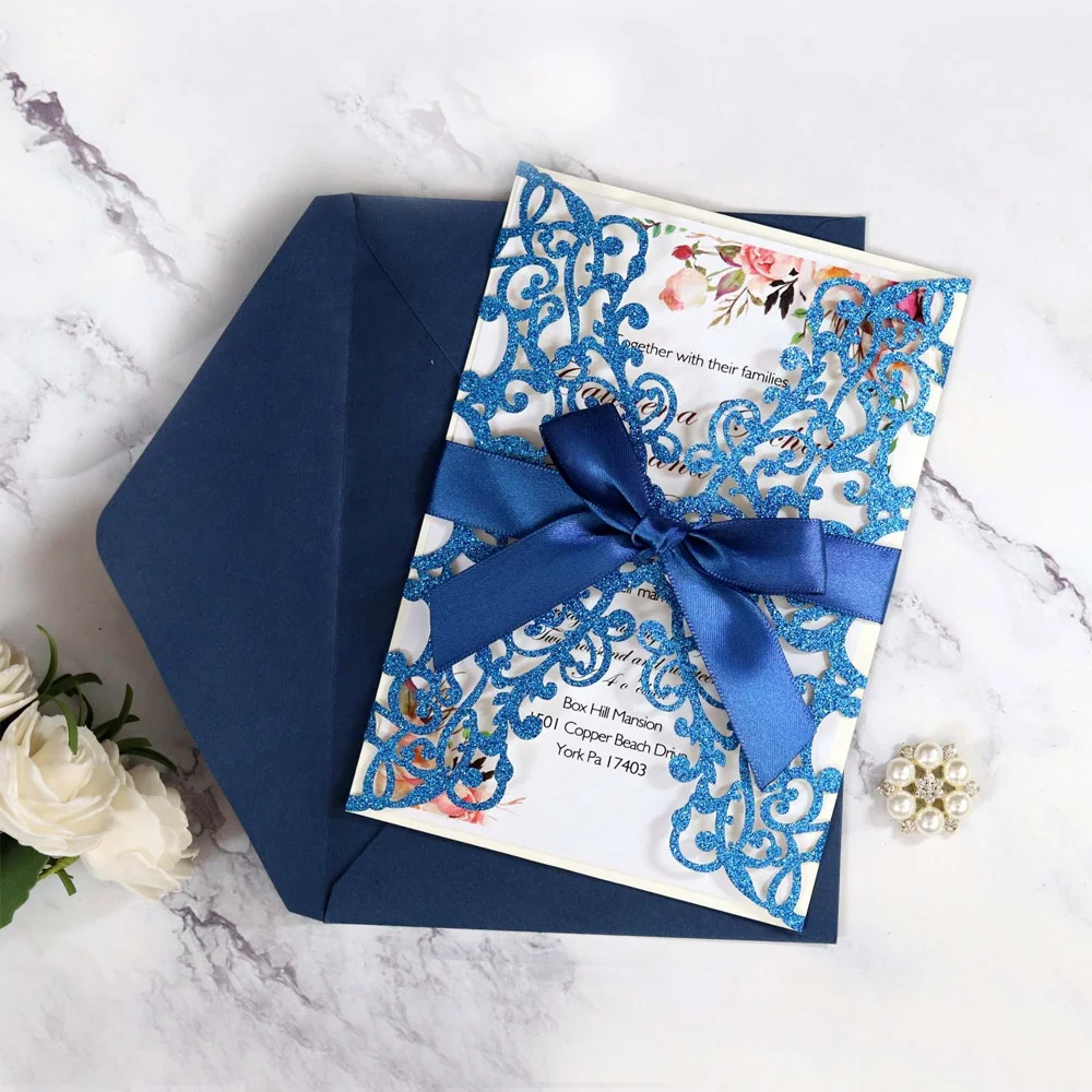 Glitter Dark Blue Wedding Business Invitation Card With Envelopes 