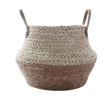 2021 Wholesale Cheap Seaweed Plant Handicraft Straw Bag Rattan Woven Sea Grass Belly Basket Planter Flower Pots Kitchen Office