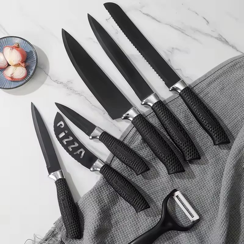 Customized Logo Stainless Steel Knives Set 7 Pieces Kitchen Knife Set Non Stick Coating Black Knife Sets Custom Logo Packaging
