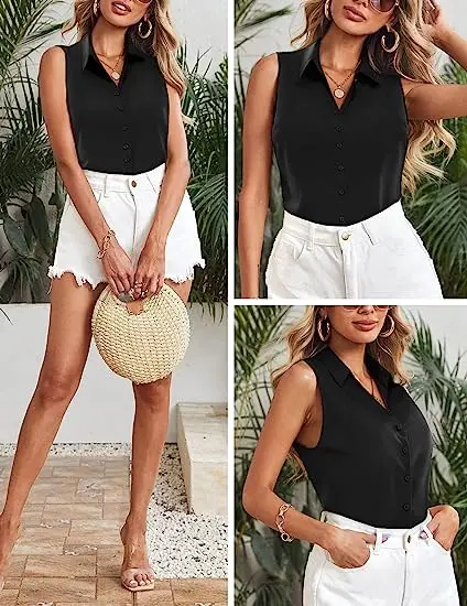 High Quality Sleeveless Button Down Casual Work Blouses Solid Loose V Neck womens Tank Tops S-2XL