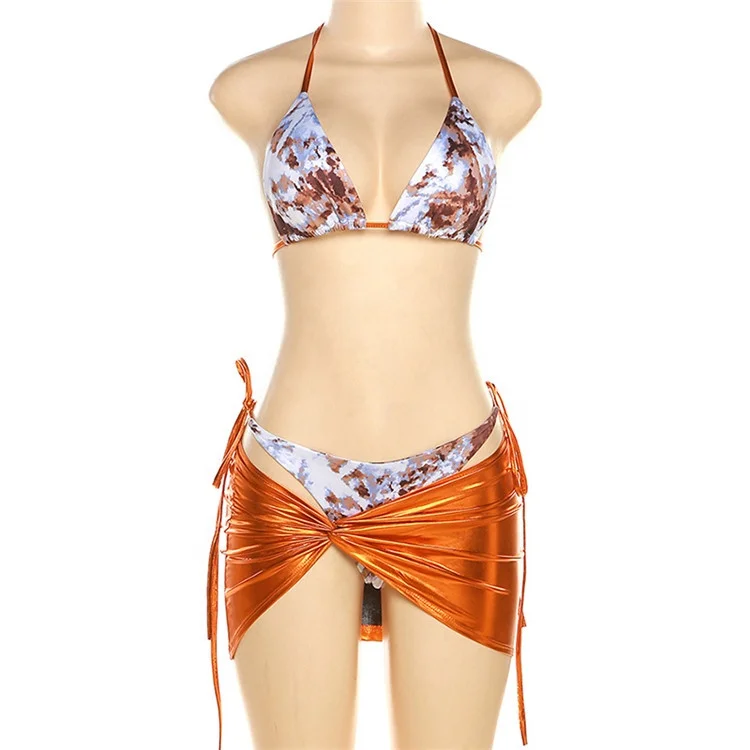 Sexy Bikini Silky Three Piece Set Women Summer Halter bra Tops+Matching Panties + Ruched Mini Skirt Vacation Suit