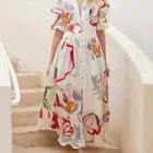 New Print Summer Long Dress Women Casual Loose Deep V Neck Buttons Young Lady Dress