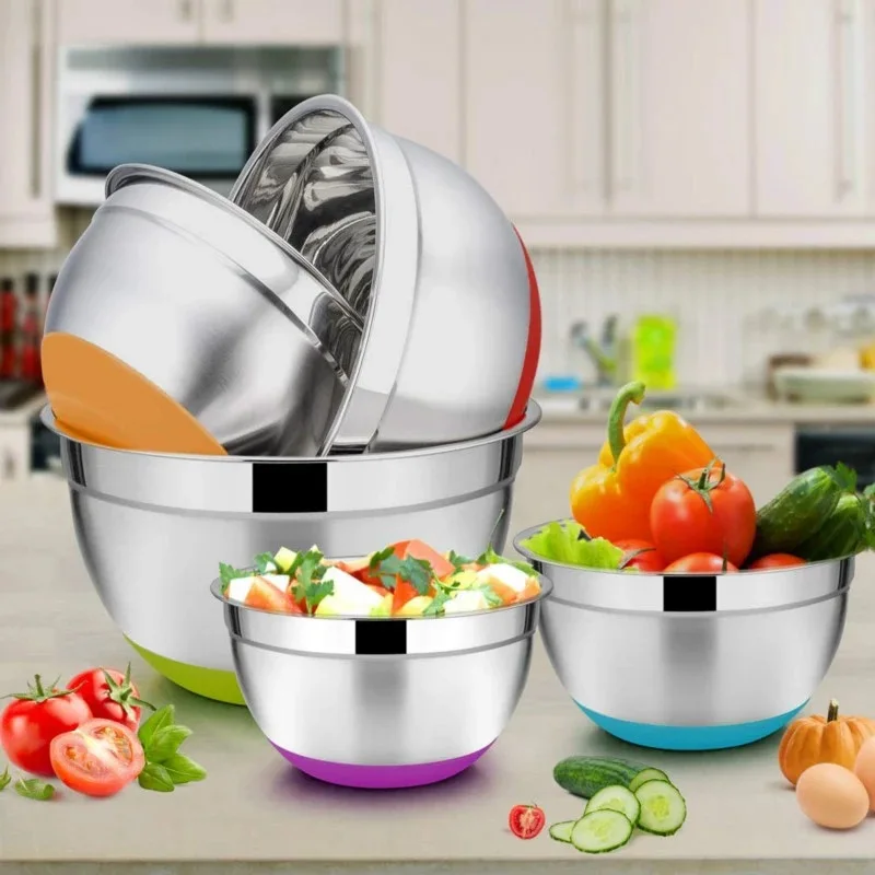 Top selling Stainless Steel Salad Bowl Heat Insulated Non-Slip Bottom Rice Soup Mixing Bowls Set with Airtight Lids