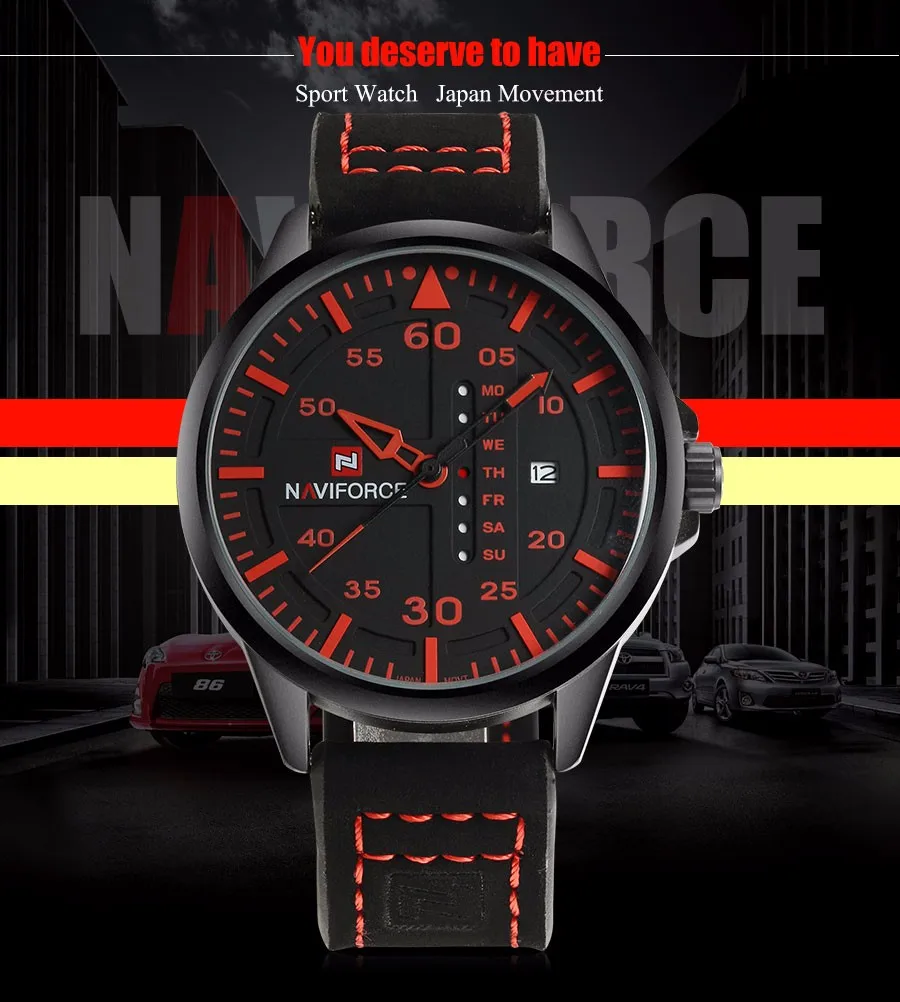 NAVIFORCE 9074 Men Quartz Waterproof 3BAR Leather
