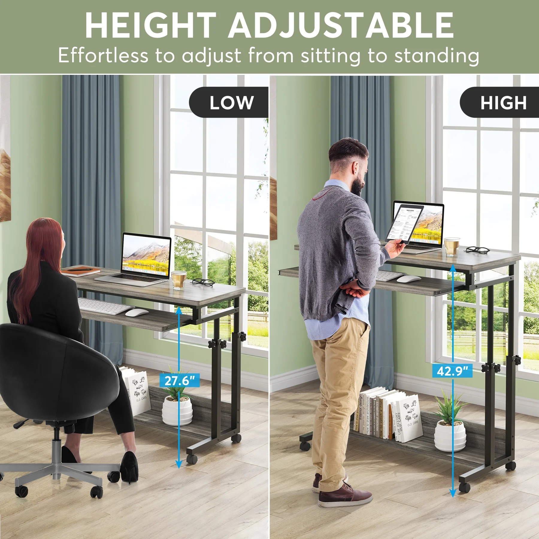 Tribesigns Black Small Portable Home Office Furniture Height Adjustable Mobile Laptop Table Computer Desk