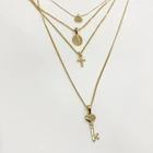 Pendants 4 Layer Gold Chain Necklaces With Cross Key Disc Pendants
