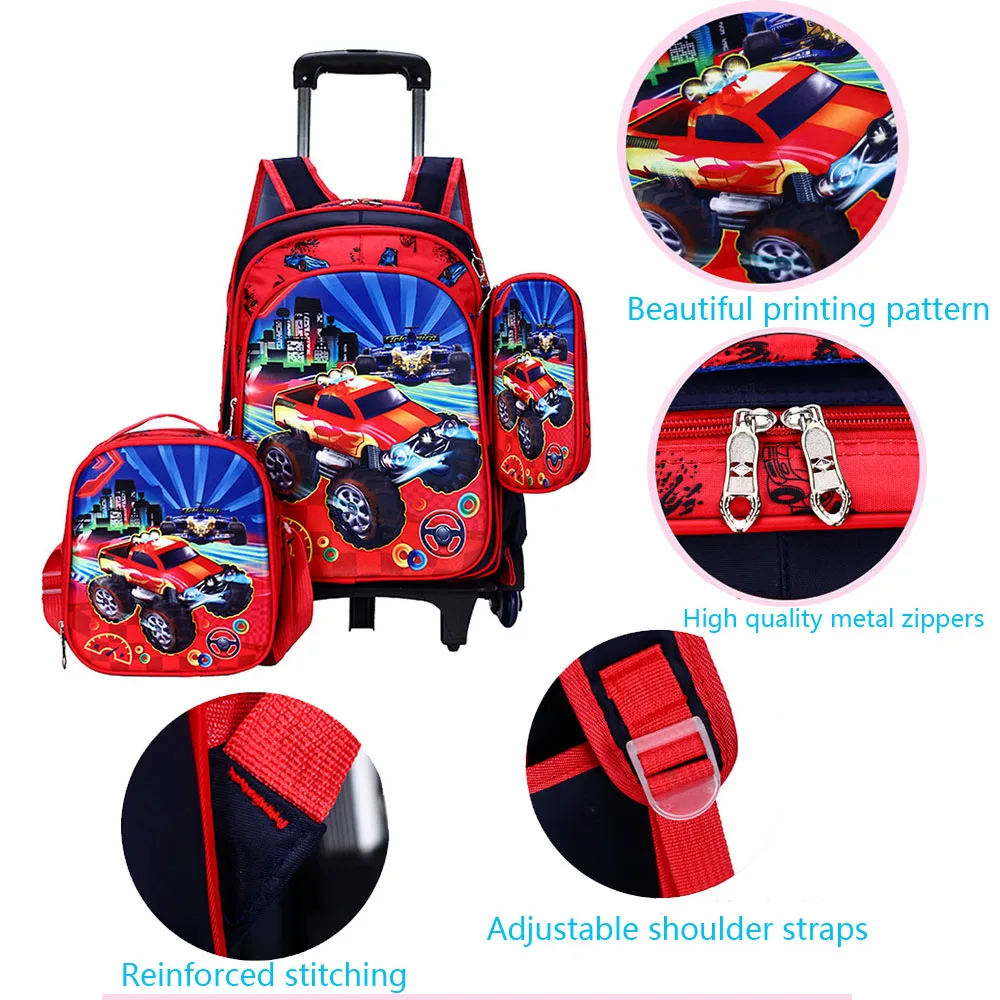 High Quality Kids Rolling Schoolbag Set 3 Pcs Backpack with Pencil case and Lunch Bag6-12 Years Removable Trolley Schoolbag