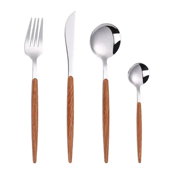 Factory Plastic Cutlery Wooden ABS Handle Stainless Steel Wedding Cubiertos Silverware Set Spoon Fork Knife Flatware Sets