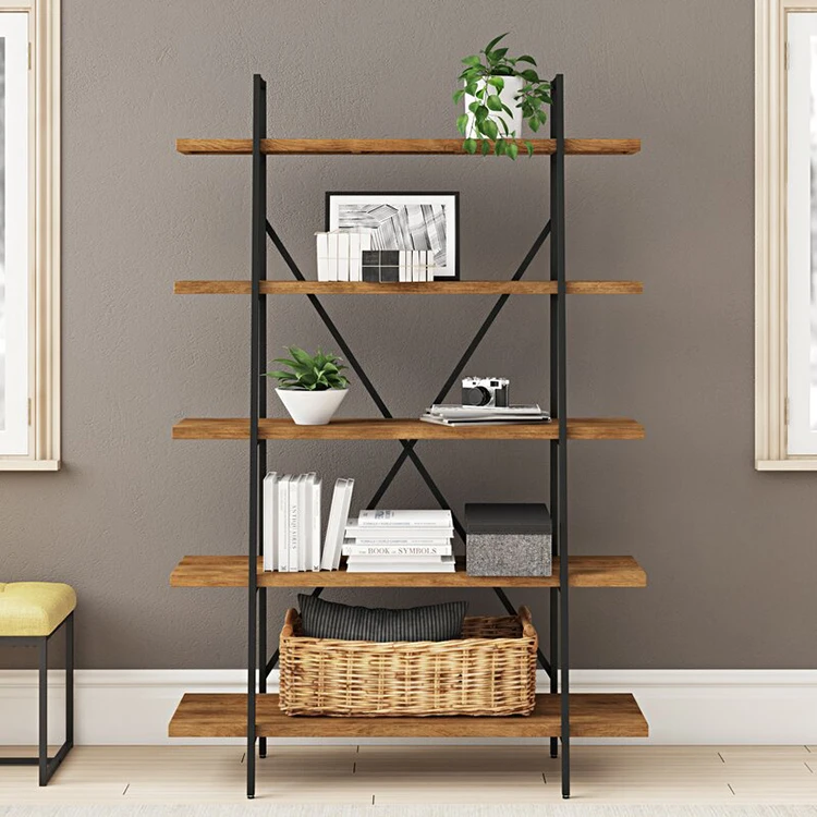 Wood Metal Home Office Shelf 5 Layer Ladder Decorate Display Book Rack