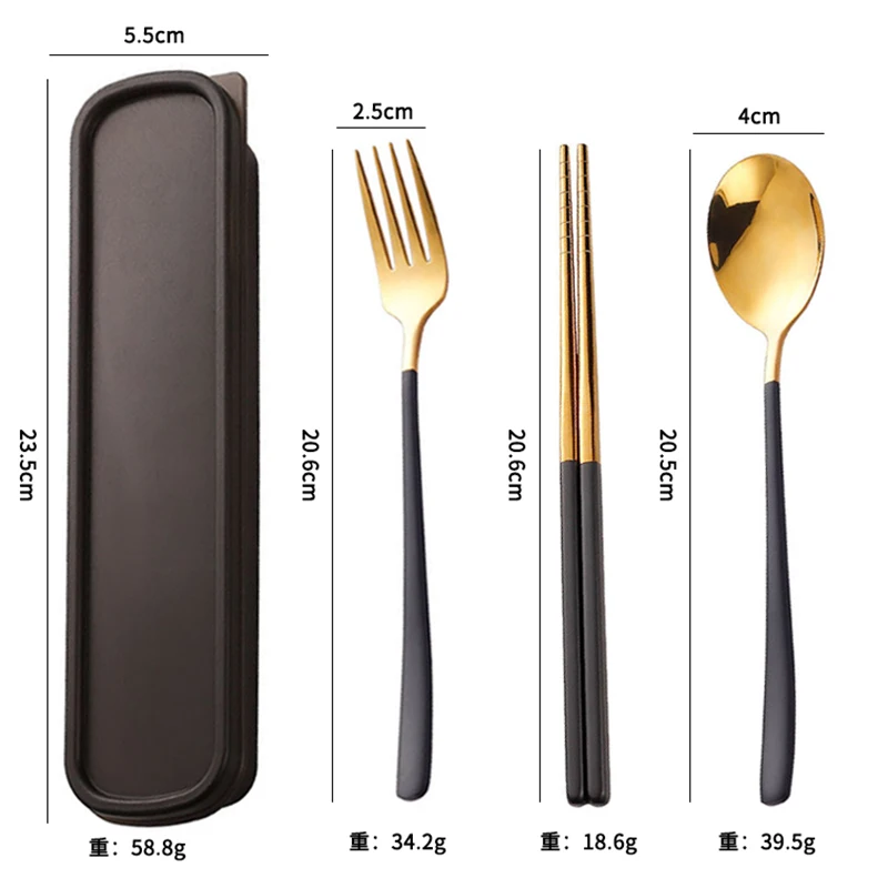 Portable Cutlery Set Spoon Fork Chopsticks Dark Brown Travel Case 