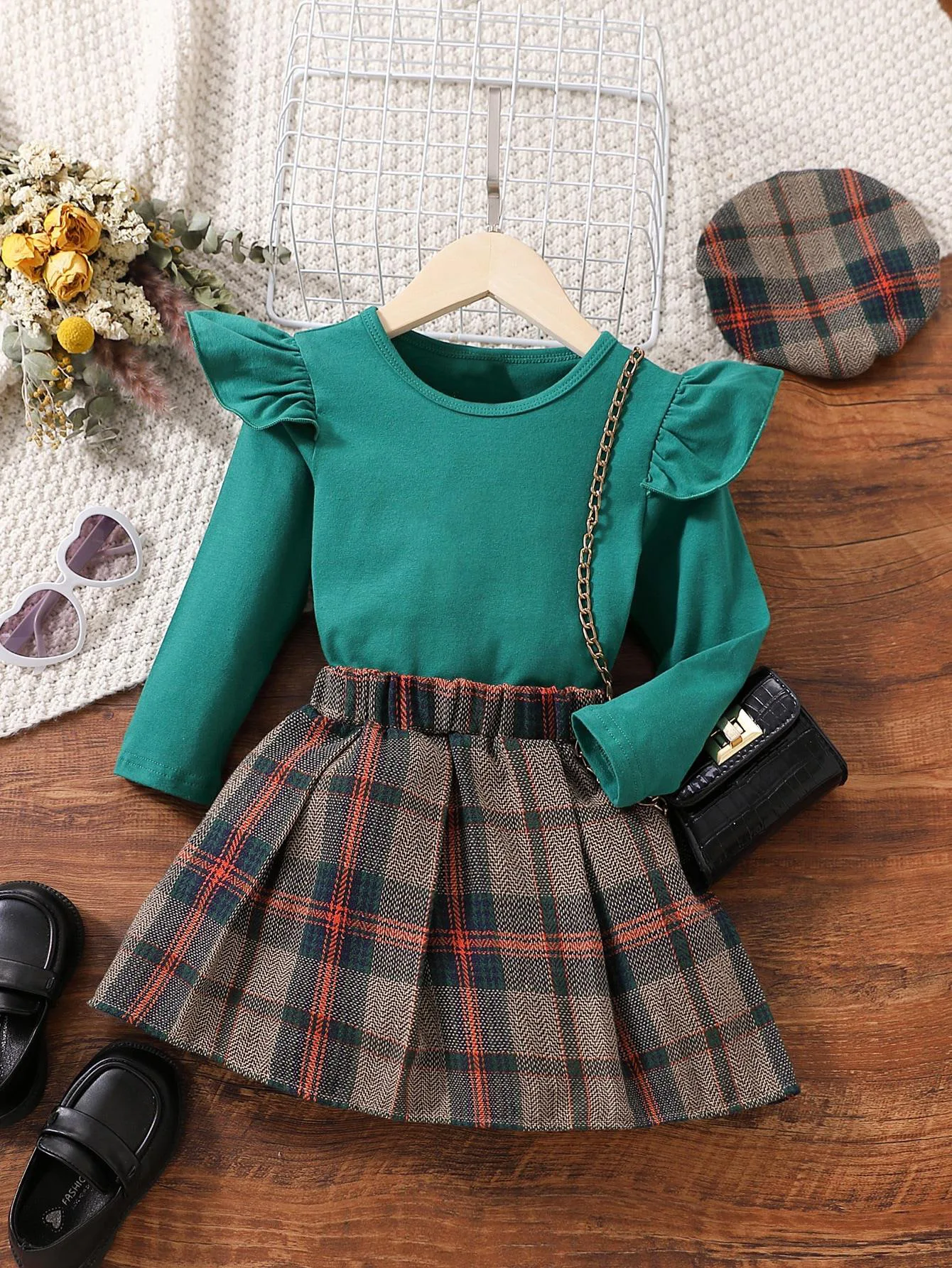 Hot sale fashion toddler dress clothing sets solid knitting shirts match plaid pleated skirt casual girls outfits with hat