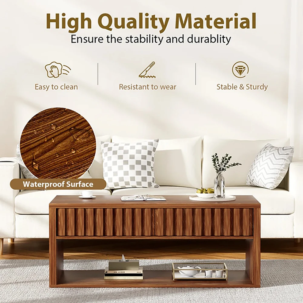 Modern Brown Rectangular Wood Coffee Table with Fluted Style Drawers and Storage Shelves for Living Room Furniture factory