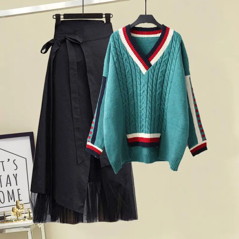 Large Size Women's Spring Solid Chenille Two-Piece Set New Fake-Slimming Shirt Top and Midi Skirt supplier