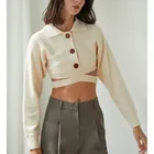 Knit Tong Sheng Plus Size Tops Lady Winter Hand Knitted Cute Chocolate Brown Crop Collar Knit Cardigan Sweaters