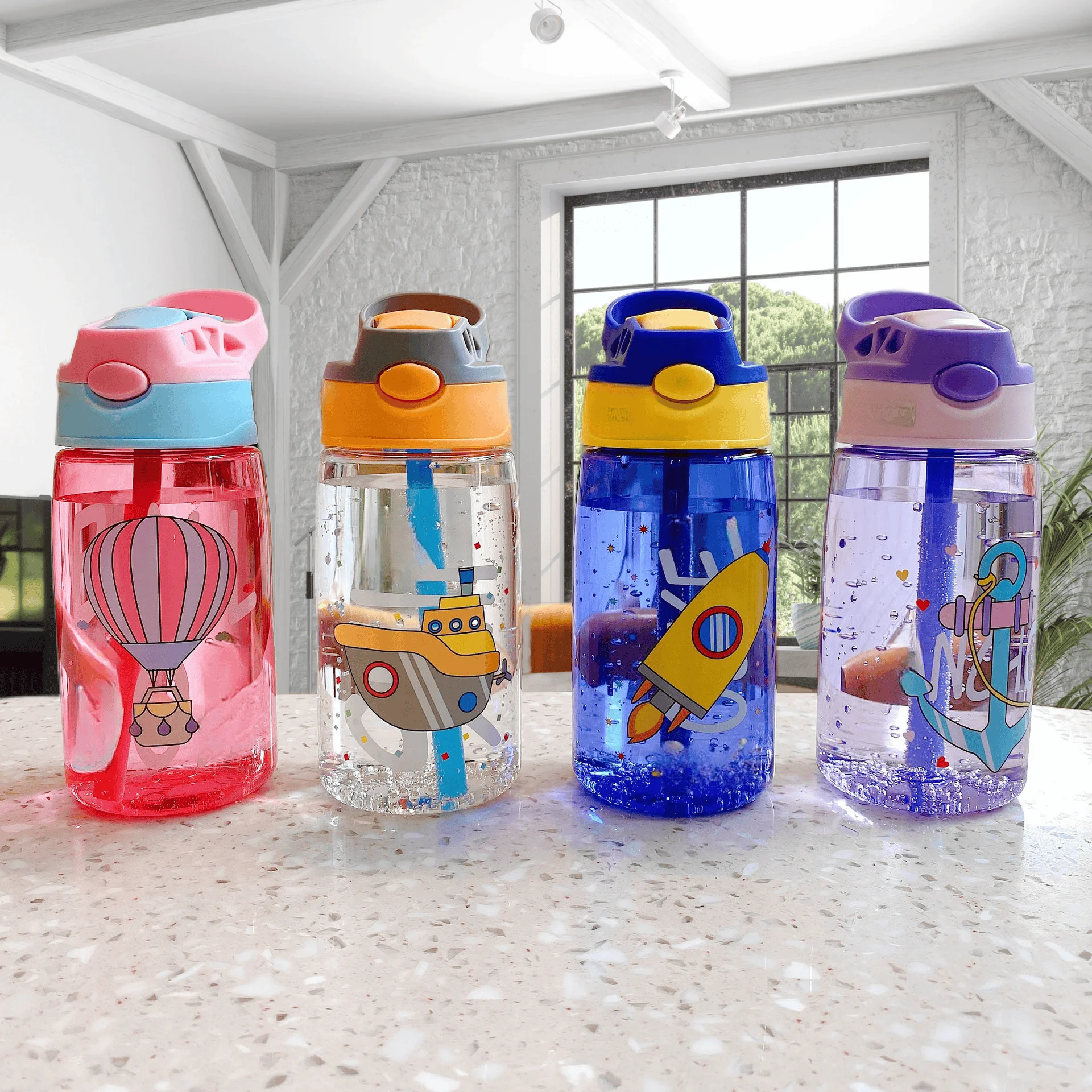 Hot Selling eco friendly Children's Cup 480ml Plastic Kids Water Bottle Cute Printing Child Drinking Water Bottle With Straw