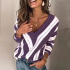Sweaters Hot Sale Soft V Neck Long Sleeve Stripe Pullover Knitted Womens Sweaters
