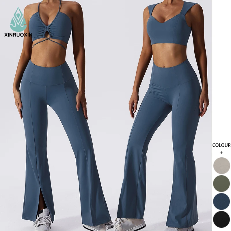 Wholesale 3 Piece Sportswear Fashion Yoga Bra Fitness Clothing Yoga Set Women Active Wear Split Flared Pants Gym Fitness Sets