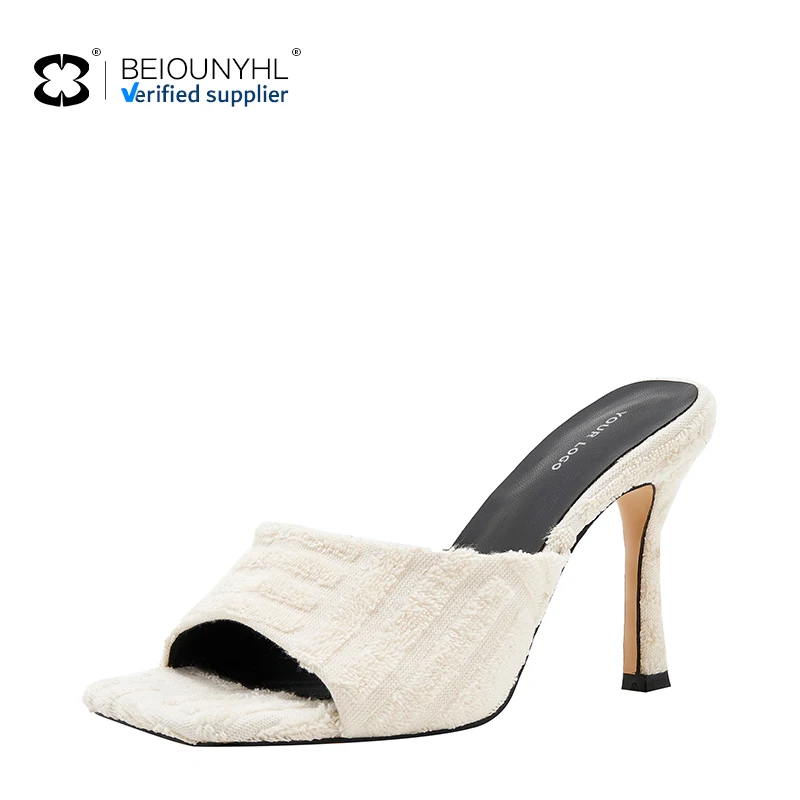 2023 New Arrival Casual Elegant Style Women's Plus Size Fur Shoes Slip On Sandals Square Toe Thin High Heels Slippers Sandals