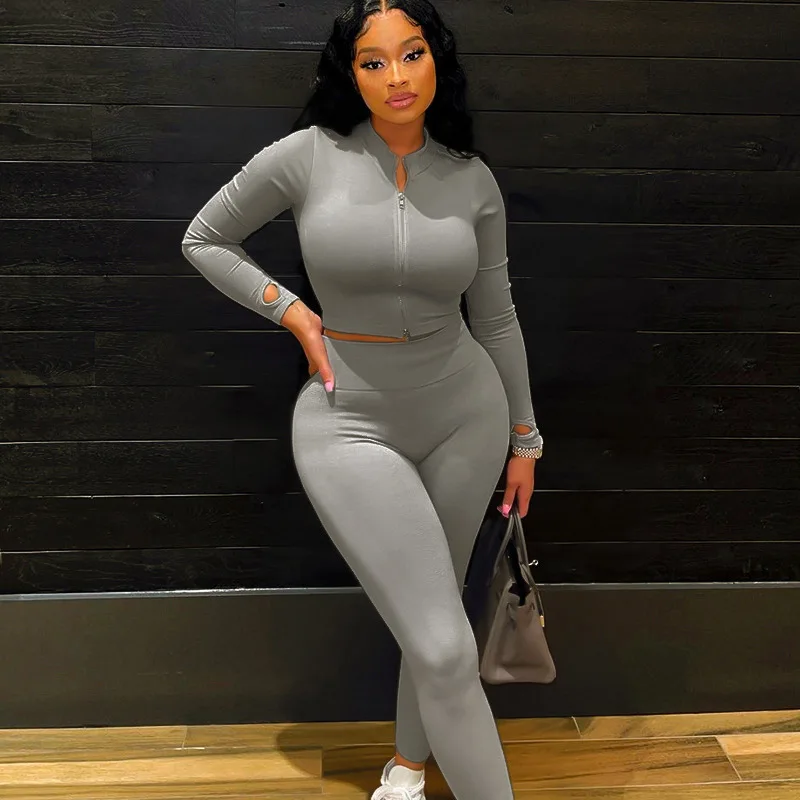 Arrival  Zipper Lady Long Sleeves With Sexy Leggings Causal Set 2022 Summer New Woman Two Pieces Fashion Casual Fitness Top