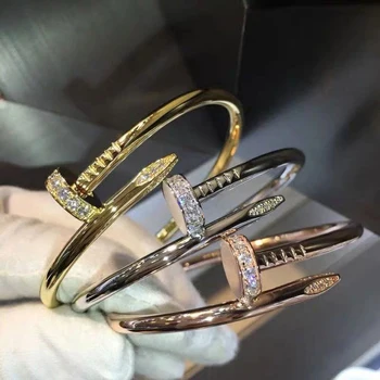 High quality 18k gold plated CZ nail bracelet bangle jewelry branded stainless steel zircon nail bracelet women