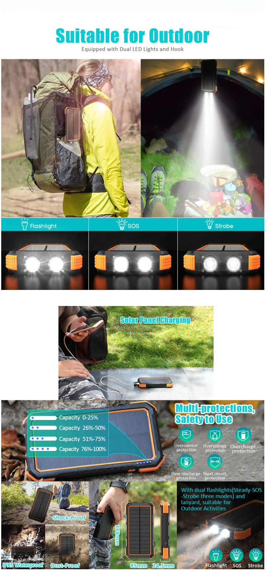 SP1903A 20000mAh Solar Power Bank with Flashlight IATA Certified for Air Shipping to Nigeria/South Africa/Egypt UN38.3 MSDS