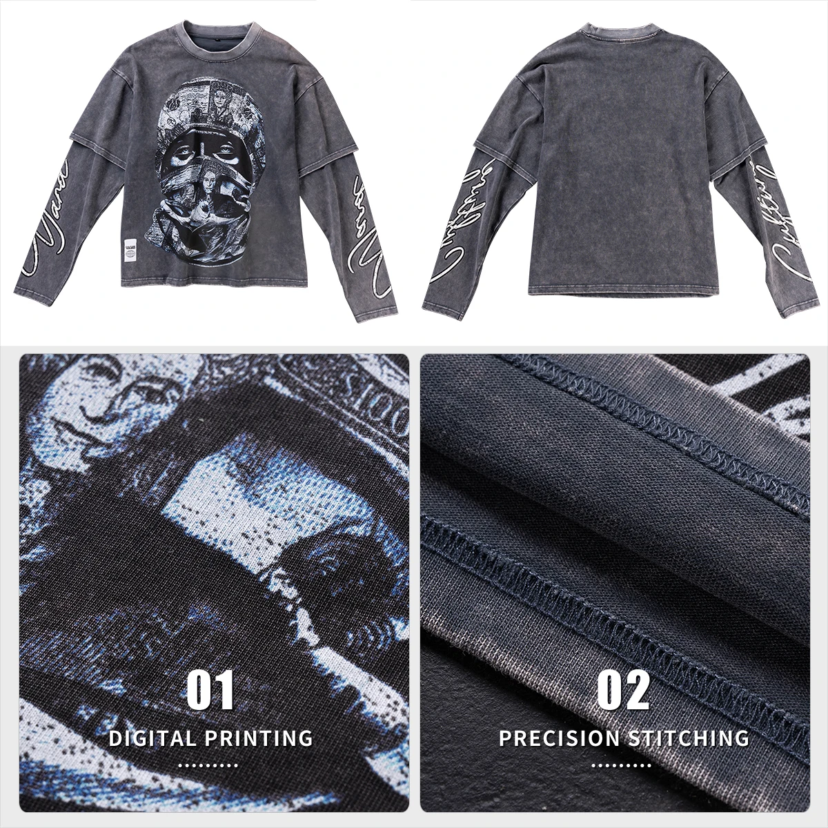 product mens heavyweight vintage acid wash 100 cotton fake two piece long sleeved t shirt streetwear oversized digital printing design-4