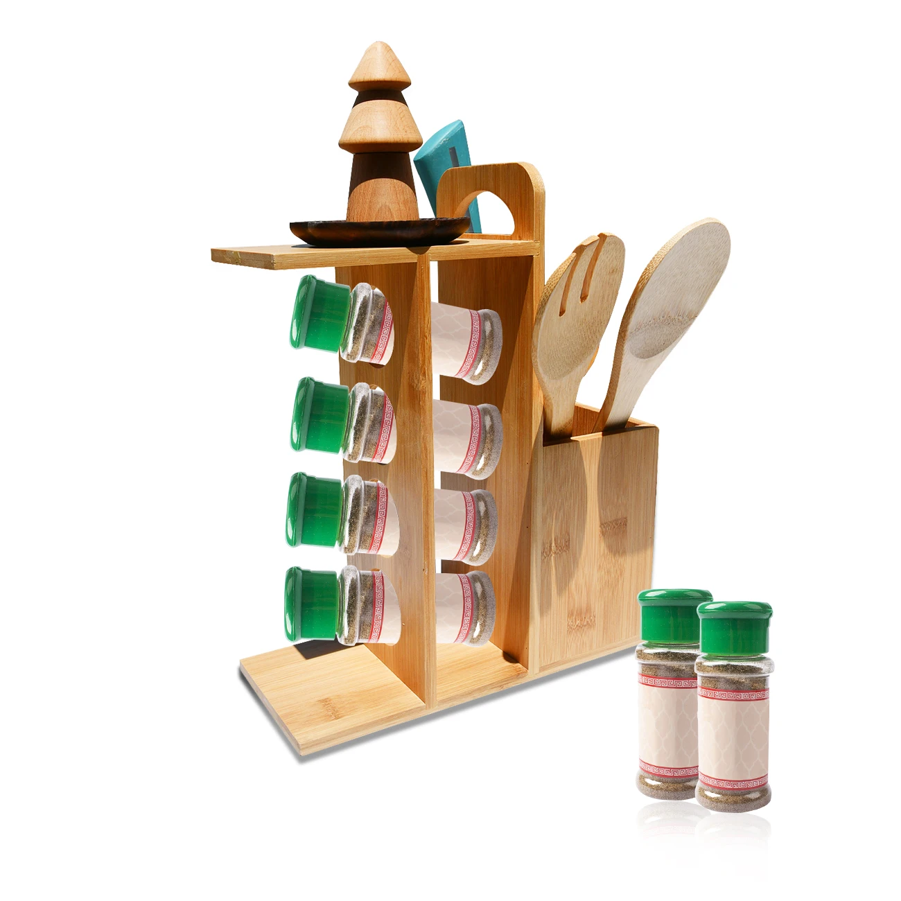 2022 multifunction kitchen wooden bambou spice holder rack freestanding with spoon holder for Organizer