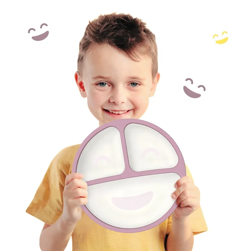 Wellfine BPA Free Silicone Divided Suction Plates for Babies Feeding Food Anti Slip Kids Dining Plate Bicolor Baby Plates
