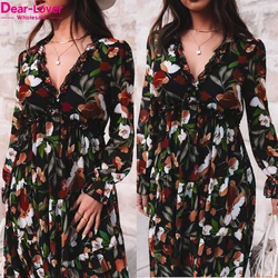 Dear-Lover OEM ODM Wholesale Fast Shipping Wild Lotus Ruffle Tiered Long Sleeve Maxi Dress Ladies Long Dress